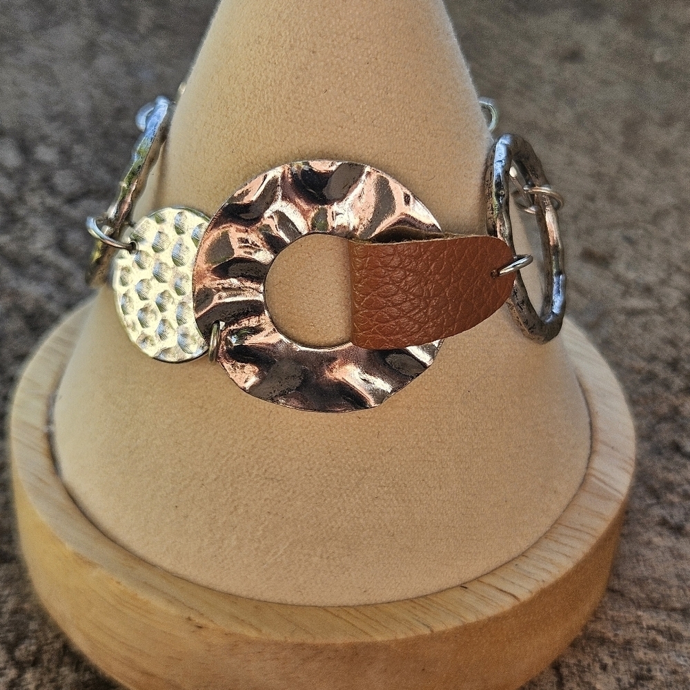 Silver and Brown Textured Bracelet Circle Women's Jewelry Unique